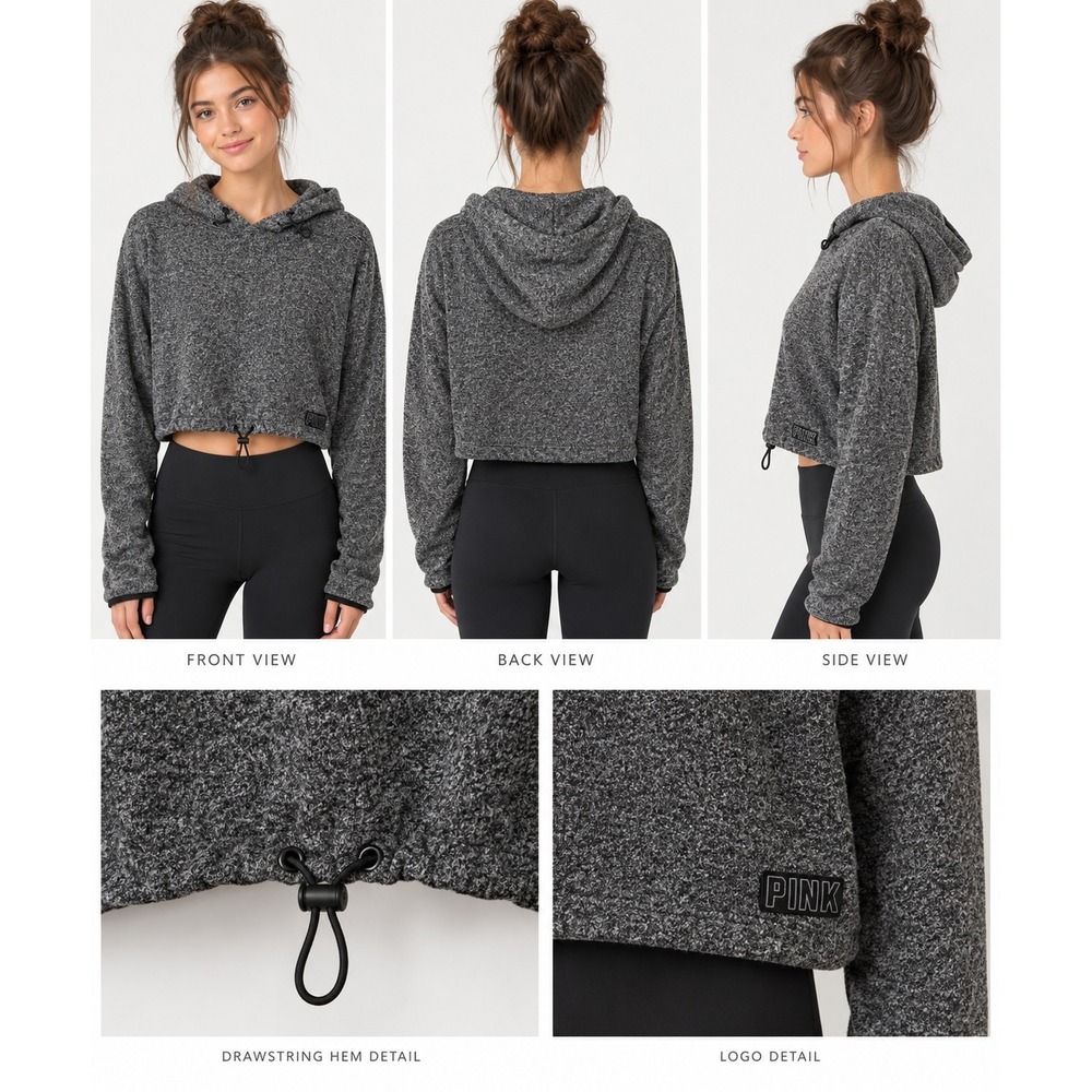 Victoria's Secret PINK Marled Gray Cropped Hoodie Drawstring Hem Small